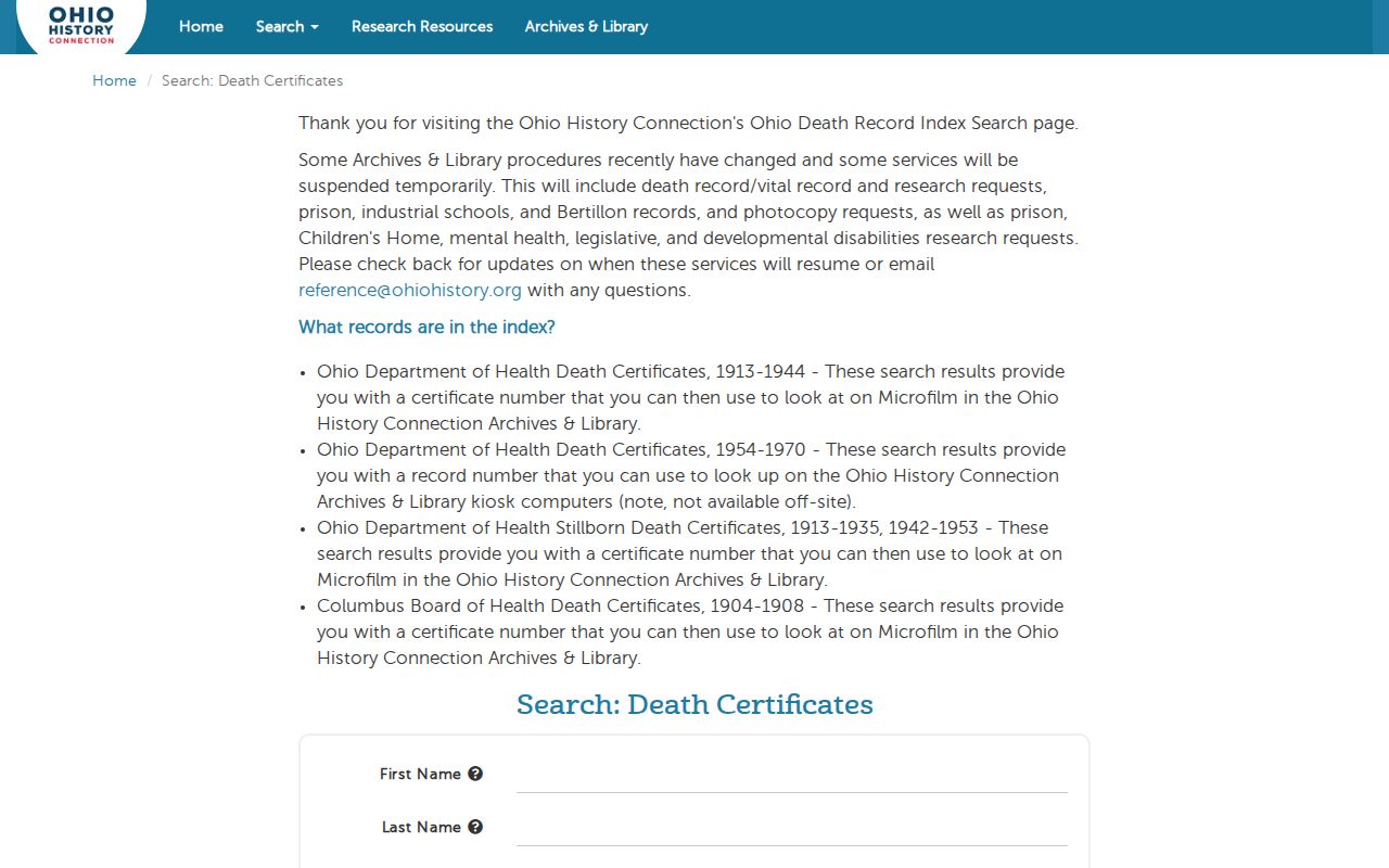 Xenia previous residents Ohio historical death certificate search